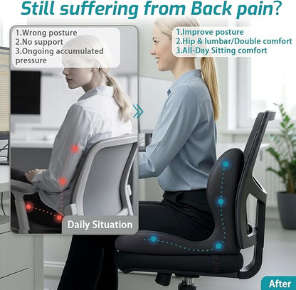 Memory Foam Seat Cushion,Office Chair Cushion with Lumbar Support for Back Pressure Relief, Car Seat Cushion with Adjustable Strap,Sciatica Pad Cushions for Car,Truck, Desk