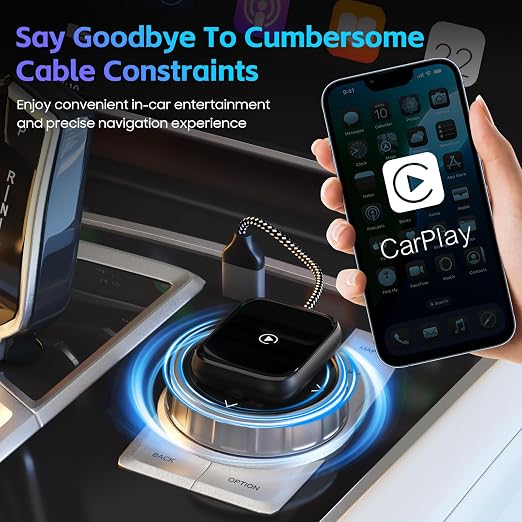 Wireless CarPlay Adapter for Apple iPhone, Convert Wired CarPlay to Wireless, Mini Car Play Dongle w/Plug & Play Bluetooth Connection, 2 USB-A to Type-C Converter for More Car Types (Black, Medium)