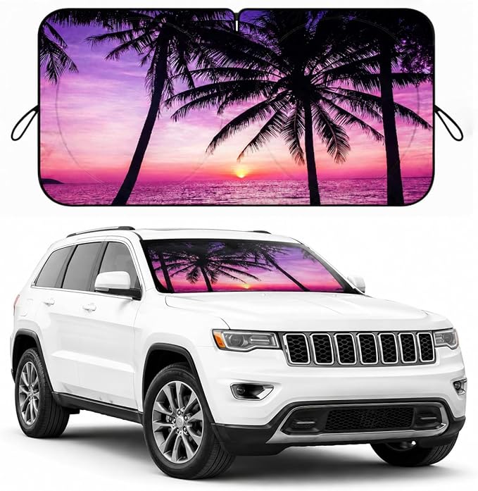 Car Windshield Sun Shade, Vacation Style Foldable Front Window Sunshade, UV Heat Protection Windshield Cover Universal Fits Crossover Mid-Large Sedan SUV Family Vehicle - 63 x 31.5
