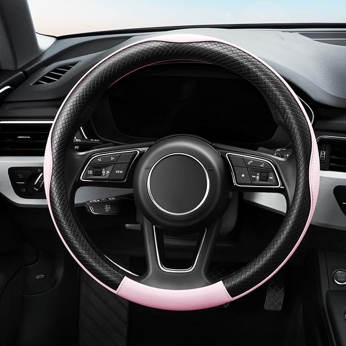 YHONGJT Soft Premium Leather Steering Wheel Cover, Breathable, Non-Slip Grip, Universal 15 Inch for Women Girls, Fit Vehicles, Sedans, SUVs, Vans, Trucks - Baby Pink