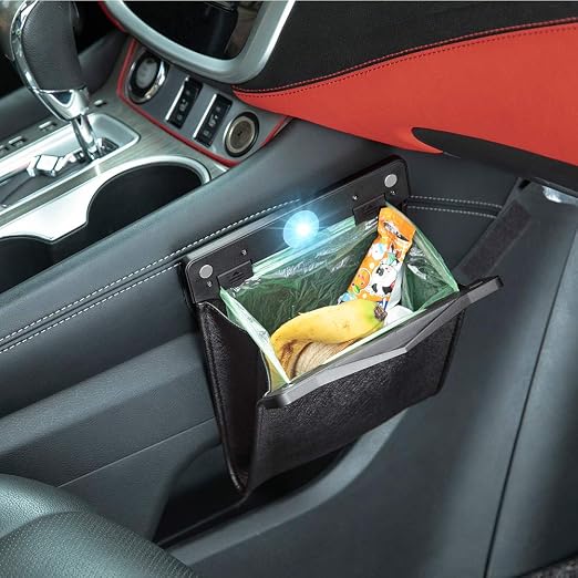 Smart LED Car Trash Can Waterproof Garbage Bag Passenger Side Artificial Leather Storage Pocket Leak Proof Reusable Traveling Portable Offices Toilet Garbage Cans Back Seat Hanging (Black-1pack)