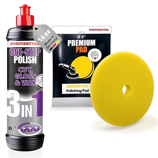menzerna All-in-One polishing Kit I Car polishing Set with Menzerna One-Step Polish 3in1 (16oz) and 6 Inch Polishing Pad I Moderate Scratch Remover, high Gloss and Wax Kit for All Types of Vehicles