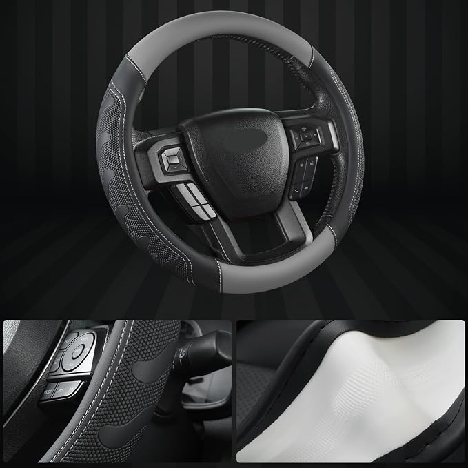 GIANT PANDA Car Steering Wheel Cover for Ford - F150 F250 F350 Expedition, (15.5-16 inches - Black+Gray)