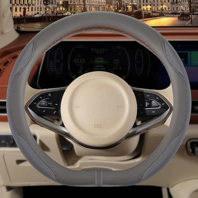 14 inch D Shaped Steering Wheel Cover for Prius Civic, Nappa Microfiber Leather Non-Slip Breathable Fabric, Warm in Winter and Cool in Summer, Gray Small 13.5 inch to 14 inch