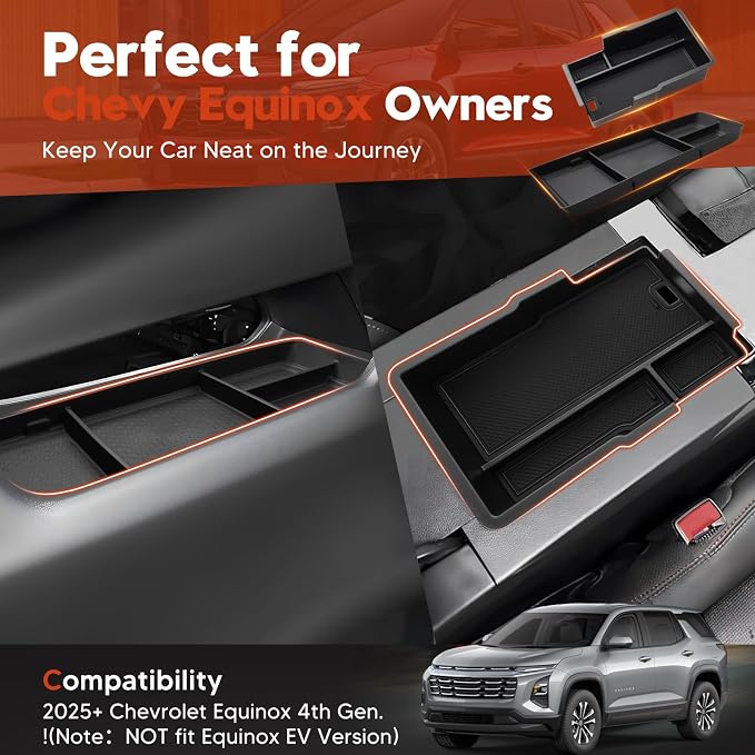 Sunsdrew 2025 Upgraded 2PCS Chevy Equinox Center Console Organizer and Lower Center Console Tray for 2025 2026 Chevrolet Equinox Interior Accessories Anti-Slip