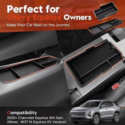 Sunsdrew 2025 Upgraded 2PCS Chevy Equinox Center Console Organizer and Lower Center Console Tray for 2025 2026 Chevrolet Equinox Interior Accessories Anti-Slip