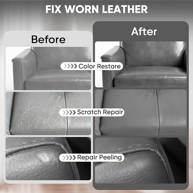 Leather Recoloring Balm - Scratch Repair & Color Restore Kit for Faded Leather, Leather Couch & Car Seats - 10OZ Leather Restorer Balm for Furniture, Auto Interior, Vinyl, Accessories (Gray)