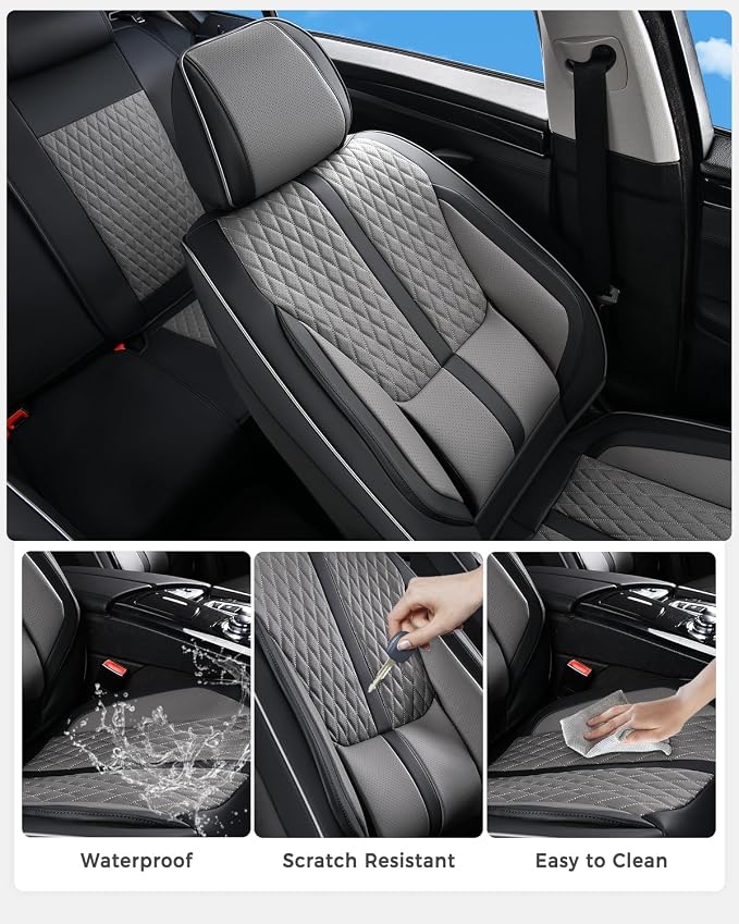 Huidasource Car Seat Covers Front Seats, Luxury Nappa Leather Front Seat Covers with Airbag, Lumbar Support, Cooling＆Heating, Seatbelt Buckles, Universal Fit for Most Cars SUV Trucks, Black＆Gray