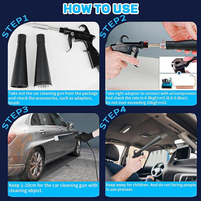 JUSTHERE Detailing Car Cleaning Gun Interior Dryer Air Blow Gun, High Pressure Blower Gun with 5 Pcs Brushes for Auto Carpet Seats Dashboard Console Cleaning