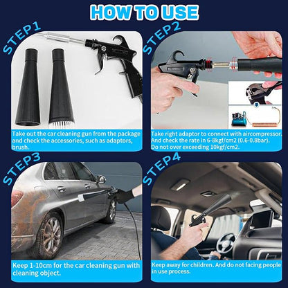 JUSTHERE Detailing Car Cleaning Gun Interior Dryer Air Blow Gun, High Pressure Blower Gun with 5 Pcs Brushes for Auto Carpet Seats Dashboard Console Cleaning