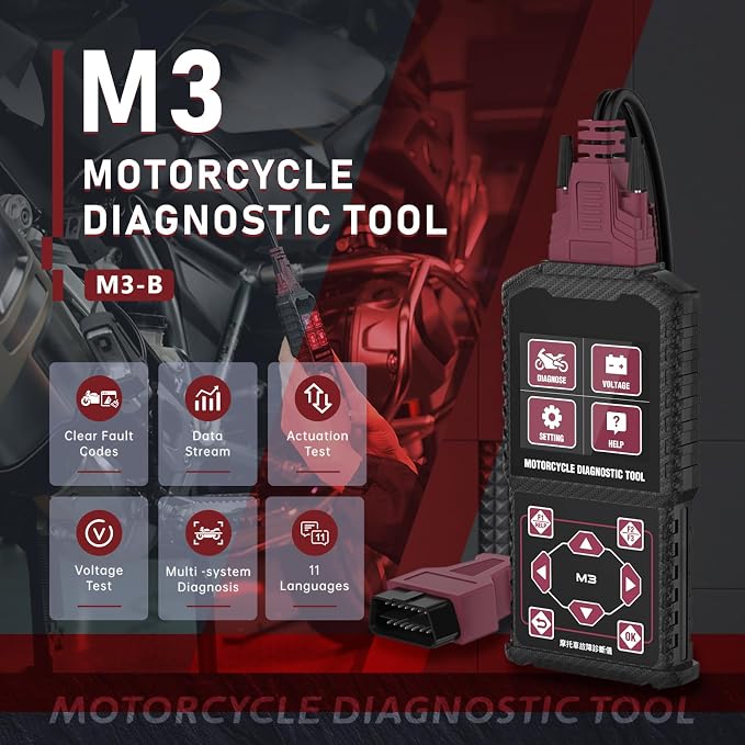 M3‑B Motorcycle Diagnostic Tool for KYMCO 3P, SYM 3P, Yamaha 2/3/4P – Read/Clear Fault Codes & Live Data, ECU/Service/Throttle Reset, ABS Bleed, OBD2 Scanner