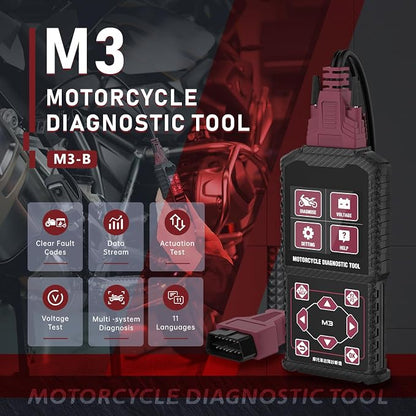 M3‑B Motorcycle Diagnostic Tool for KYMCO 3P, SYM 3P, Yamaha 2/3/4P – Read/Clear Fault Codes & Live Data, ECU/Service/Throttle Reset, ABS Bleed, OBD2 Scanner