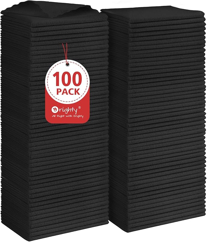 Orighty Microfiber Cleaning Cloth, 100 Pack Microfiber Towels for Cars, Multi-Purpose Shop Towels Cleaning Rags Bulk for Car, Home, Kitchen, 11.5’’ x 11.5’’, Black