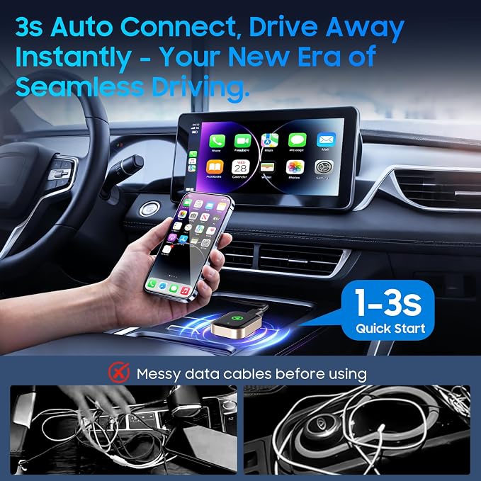 Wireless Carplay Adapter for iPhone, Converts Wired CarPlay to Bluetooth Wireless, Mini Car Play Screen Dongle with USB A/C for Cars 2018+ with Built-in Wired Carplay, Auto-Connect, No Delay