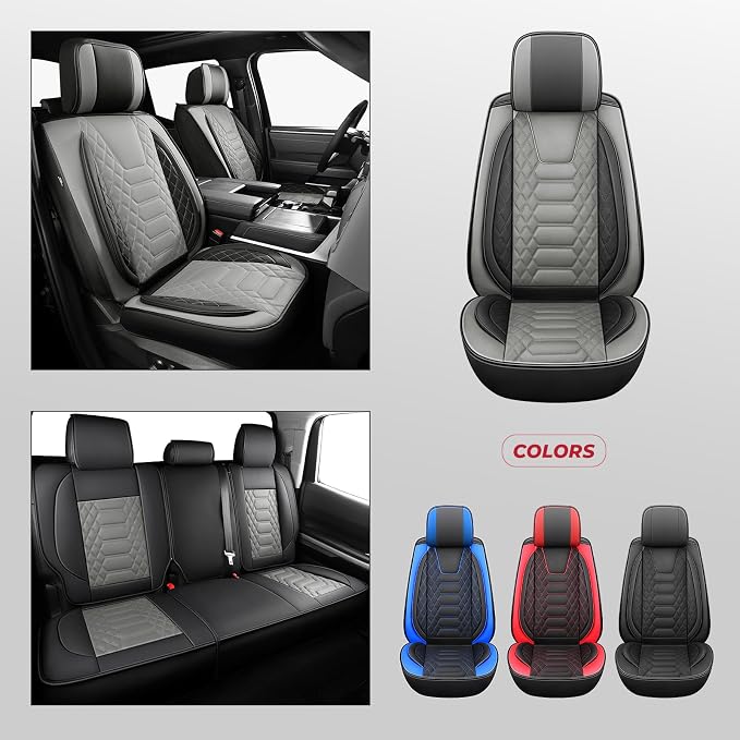 FREESOO Tundra Seat Covers 2026 2025 2024 2023 2022 Full Set, Fit for Toyota Tundra Crewmax Double Cab, Custom Truck Seat Covers with Waterproof Faux Leather BlackgGrey