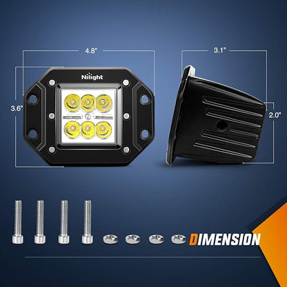 Nilight - NI23C-18W 2PCS 18W Spot LED Work Light Driving Lights Led Light Bar Off Road Led Lights Flush Mount for Truck Tacoma Bumper ATV UTV