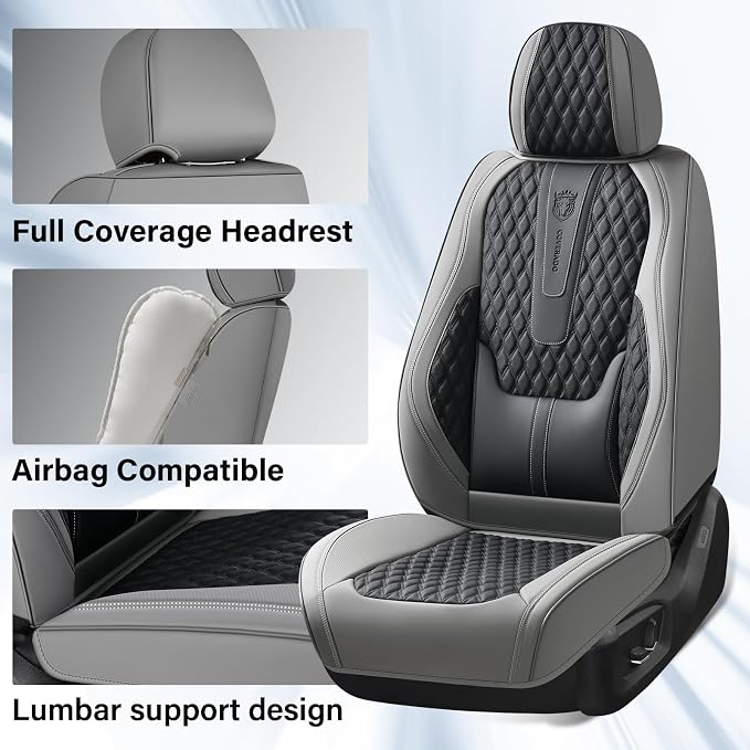 Coverado Front Seat Covers, Nappa Leather Seat Covers for Cars, Waterproof Seat Covers with Lumbar Support Universal Fit for Most Cars SUV Trucks (Front, Black-Gray)