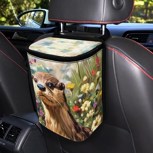 Talayituse Otter Daisy Print Car Trash Bin, Large Size Auto Trash Can Adjustable Portable Garbage Can with Lid, Vehicle Hanging Bag for Headrest Front Back Seat
