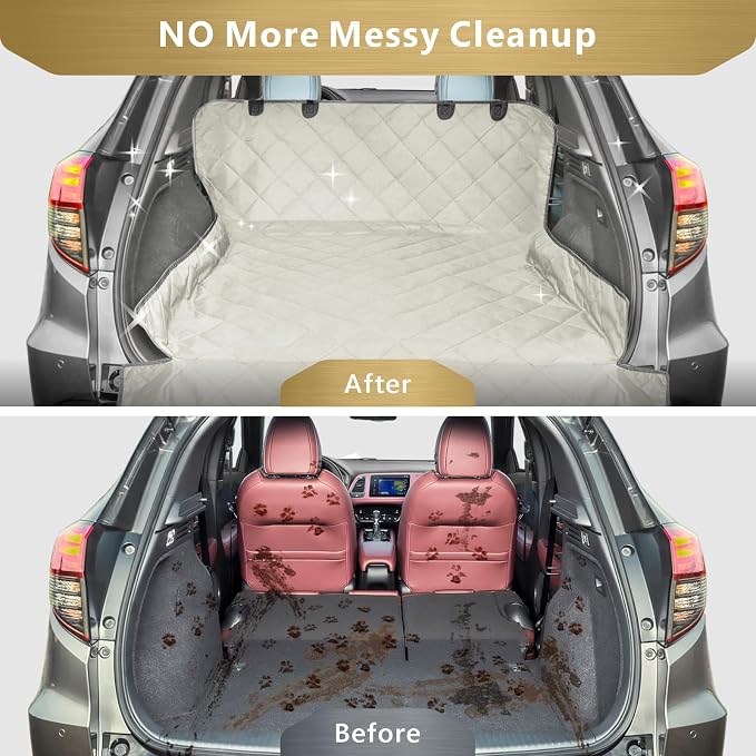 F-color SUV Cargo Liner for Dogs, Water Resistant Pet Cargo Cover Dog Seat Cover Mat for SUVs Sedans Vans with Bumper Flap Protector, Non-Slip, Large Size Universal Fit, Beige