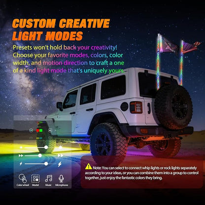 Nilight 2PCS 4FT RGB LED Whip Light with Spring Base and 4 PCS Rock Lights Combo, Remote App Control w/DIY Chasing Patterns Turn Signal Brake Reverse Antenna Lighted Whips for ATV UTV Polaris RZR Jeep
