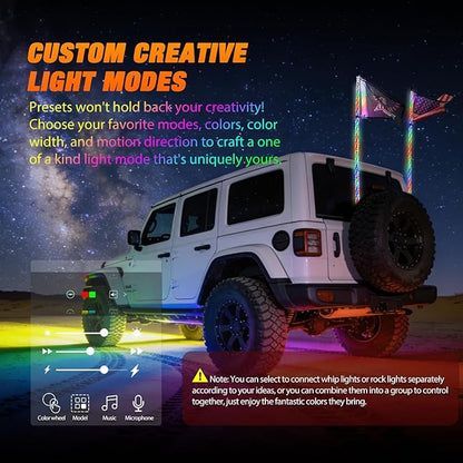Nilight 2PCS 4FT RGB LED Whip Light with Spring Base and 6 PCS Rock Lights Combo, Remote App Control w/DIY Chasing Patterns Turn Signal Brake Reverse Antenna Lighted Whips for ATV UTV Polaris RZR Jeep