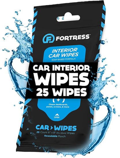 Fortress Car Interior Wipes (25 ct.) for Car Interior Cleaning, Dashboard, Seats, Detailing, and Steering Wheel [Travel Size] Skin-Safe Car Interior Cleaner Supplies