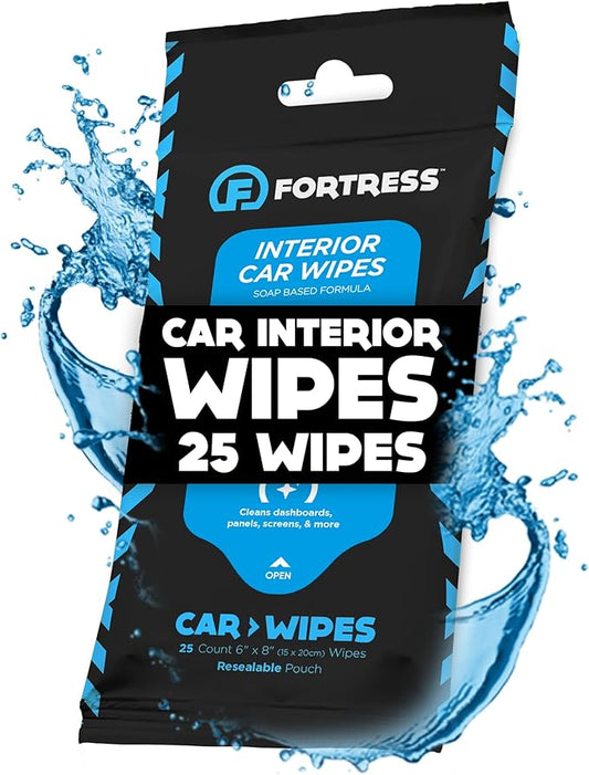 Fortress Car Interior Wipes (25 ct.) for Car Interior Cleaning, Dashboard, Seats, Detailing, and Steering Wheel [Travel Size] Skin-Safe Car Interior Cleaner Supplies
