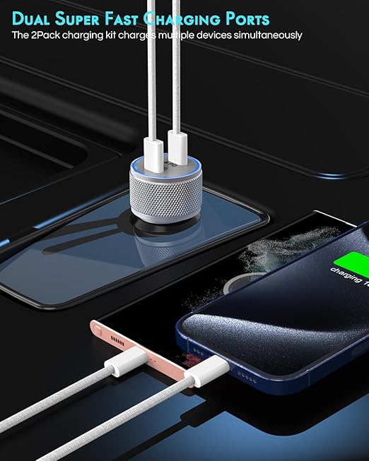 iPhone 17 Car Charger,2Pack Dual Port USB C Fast Car Charger Type C Rapid Charging Adapter with 2Pack USB C to C Nylon Braid Cable Woven Cord Fast Charging for iPhone 17/17 Pro/16/16 Pro Max/iPad