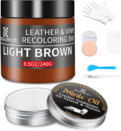 SHADAIWUYU 8.5oz Leather Recoloring Balm with 100ml Mink Oil,Light Brown Leather Repair kit for Furniture and Car Interior,Leather Couch Scratch Repair,Leather Dye Paint,Mink Oil for Leather