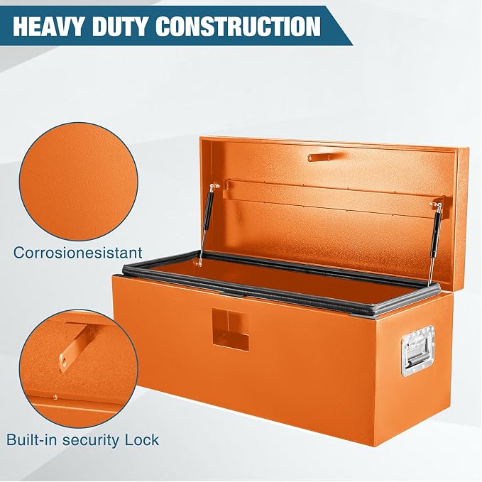 Black Steel Underbody Truck Box, Pickup Storage Box, Heavy Duty Diamond Plate Tool Box with Lock and Keys, Waterproof Trailer Storage Box (30"- Orange)