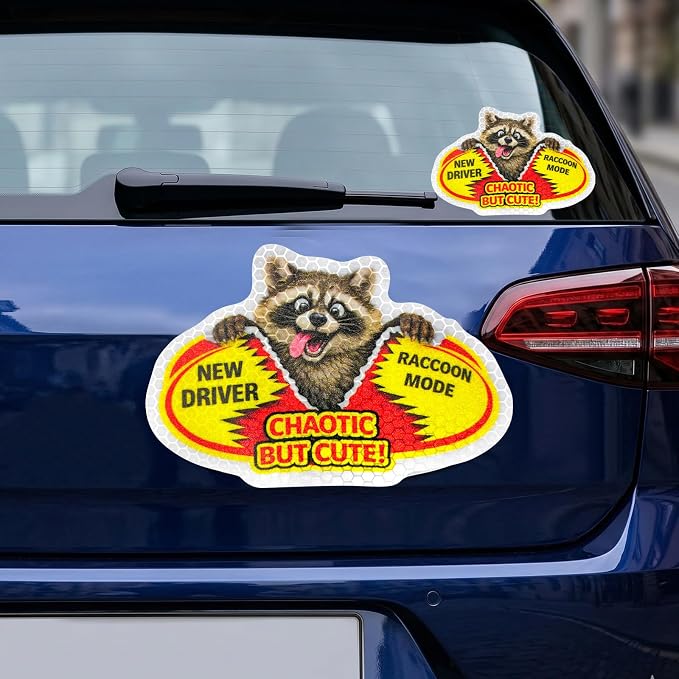 3 Pcs Reflective Student Driver Magnet and Stickers Set - Funny Animal New Driver Safety Signs for Car, Waterproof & Weatherproof High Visibility Vehicle Bumper Decals, Magnet + Stickers (Raccoon)