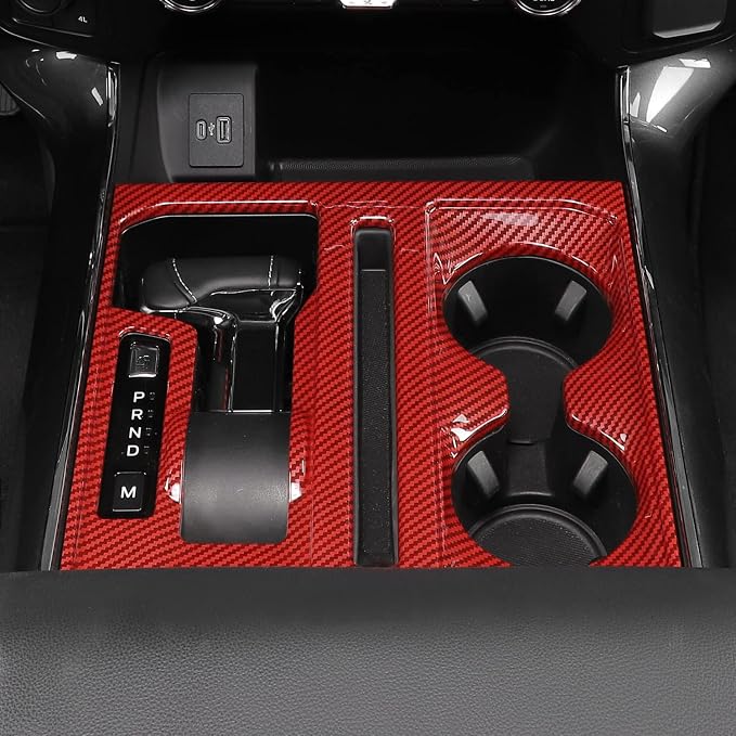 Jimen Compatible with 2021-2024 Ford F150 Center Console Gear Shift & Cup Holder Panel Trim Cover (Red Carbon Fiber)