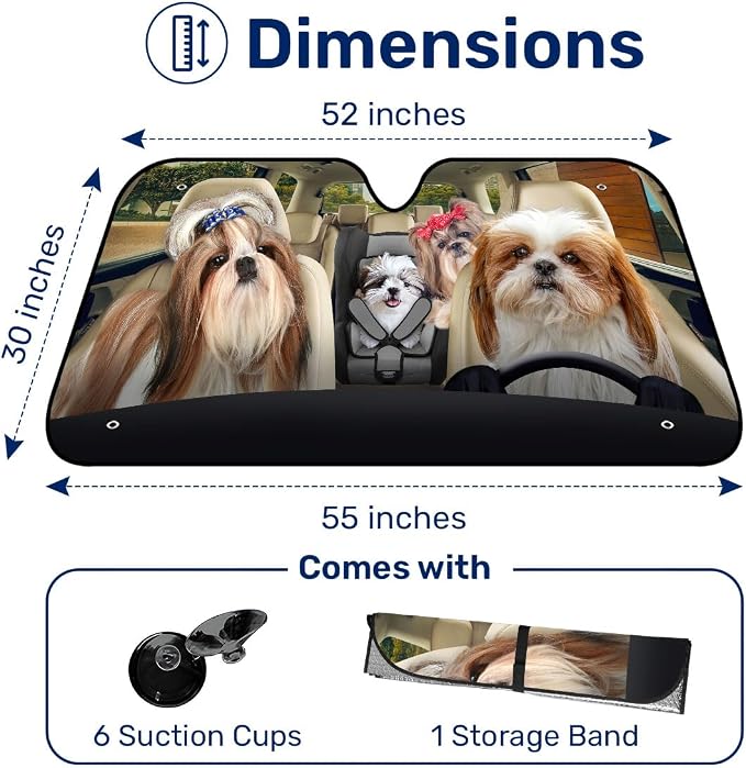 GENANY Cute Shih Tzu Dog Family Funny Windshield Sun Shade for Car SUV Truck (55x30 Inches), Sun Shade Windshield for Windows, Protector Blocks UV, Car Decor