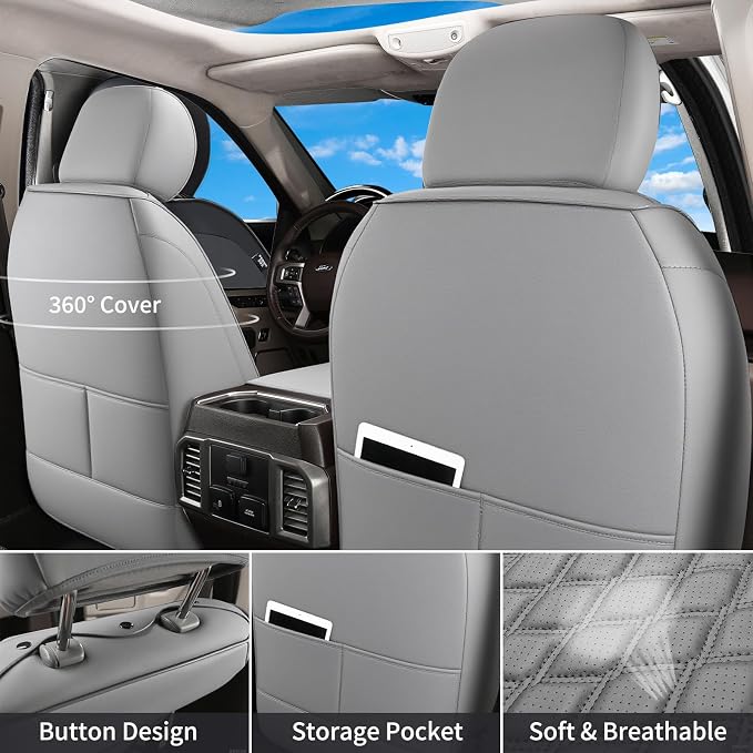 Huidasource Ford Gray Seat Covers, Car Seat Cushion Cover Fit for 2015-2025 Ford F150 SuperCrew & 2017-2025 F250 F350 F450 Super Duty Crew Cab XL XLT Lariat King Ranch Platinum (Full Set/Gray)