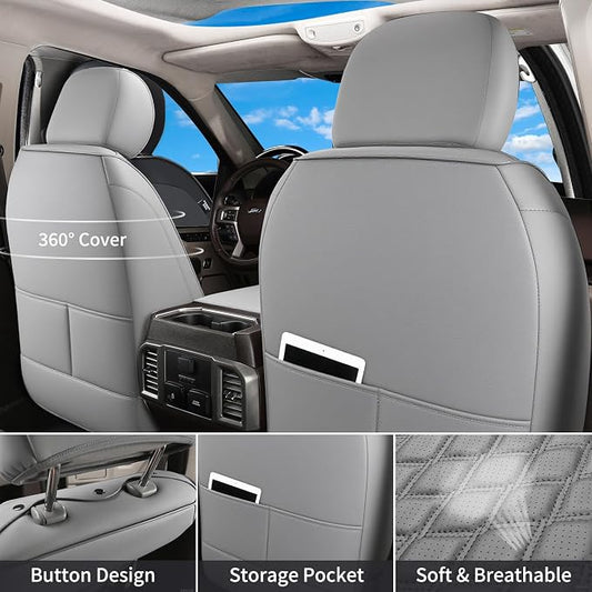 Huidasource Ford Gray Seat Covers, Car Seat Cushion Cover Fit for 2015-2025 Ford F150 SuperCrew & 2017-2025 F250 F350 F450 Super Duty Crew Cab XL XLT Lariat King Ranch Platinum (Full Set/Gray)