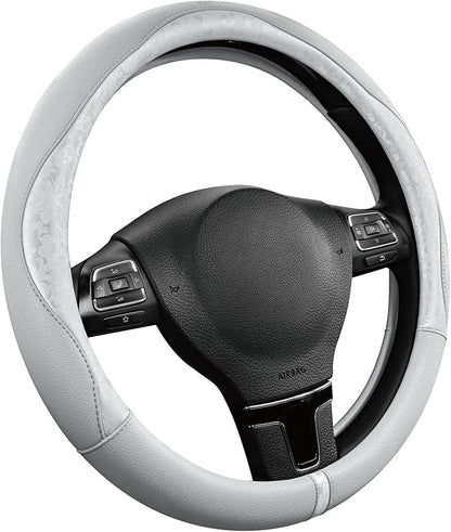 PIC AUTO Steering Wheel Cover, Silver Patterned Leather Patchwork Design, Universal Fit 14.5"–15.5", Anti-Slip, Odor-Free, Soft PU Grain Leather, Durable Grip Car Accessory for Girls & Women