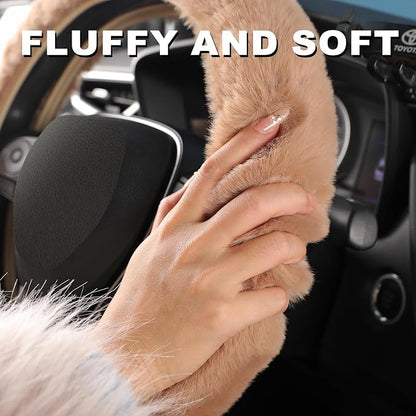 SEG Direct Furry Car Steering Wheel Cover with Gear Shift Cover, Soft and Warm, Cute Fluffy Auto Decor for Women Men, Standard Size, 2 PCS Set, Khaki
