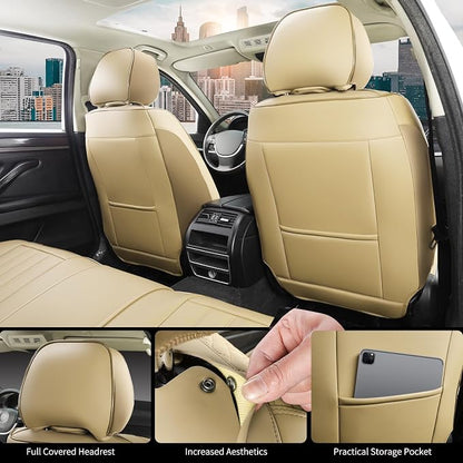Beige Leather Seat Covers, 5 Seats Universal Car Seat Covers Full Set, Waterproof Automotive Seat Covers Breathable Front and Rear Seat Covers for Most Sedans SUVs Trucks