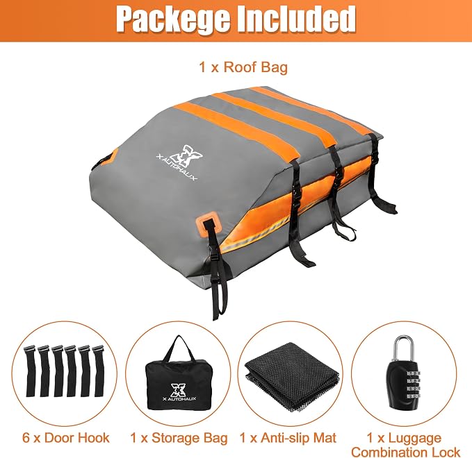 X AUTOHAUX 1000D PVC Waterproof Car Roof Bag Rooftop Cargo Carrier Bag Waterproof Luggage Carriers for Cars with or without Rack Anti-Slip Mat 6 Door Hooks Set - 20 Cubic Feet