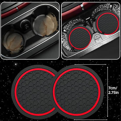 NBTEPEM 6 Pcs Red Car Accessories Set, Sport Leather Steering Wheel Cover 14.5-15inch Universal, Microfiber Leather Car Center Console Cover, Seat Belt Cushion, Cup Holder Coaster (Black-Red)