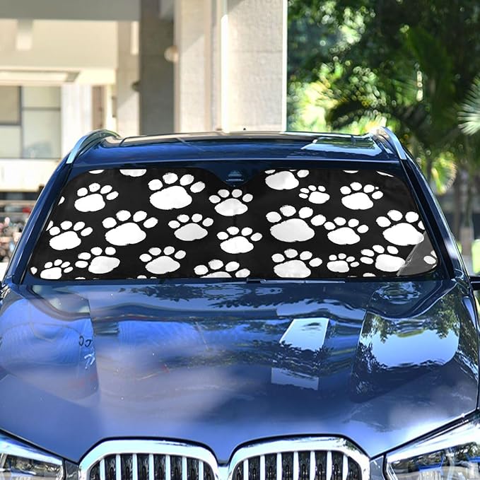 White Black Paws Print Windshield Sun Shade for Car Auto SUV Truck Foldable Front Window Sunshade Sun Visor Protector Block UV Rays Reflect Heat, 55" x 28"