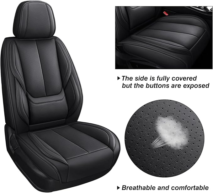 MINGBRON Black Car Seat Cover with Lumbar Support, Car Seat Protector Waterproof, Nappa Leather Car Seat Cushion, Car Seat Covers Front Seats and Back Fit for Most Cars