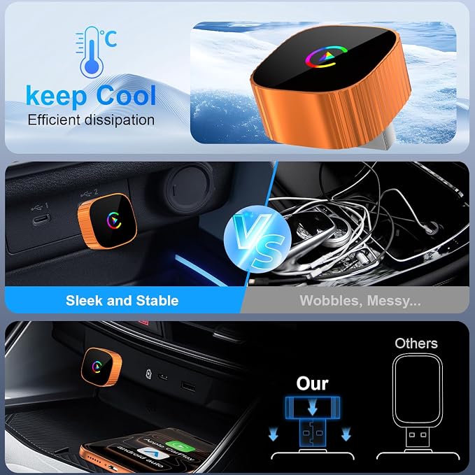 2-in-1 Wireless CarPlay for iPhone & Android Auto, Converts Wired to Wireless CarPlay, 2026 Upgrade, Faster & Stable Connection, Plug & Play, 1080P HD Display,Mini Size, Orange，USB-A & Type-C Port