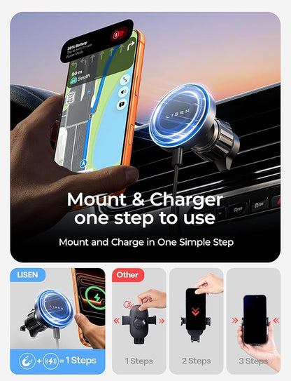 LISEN for 15W MagSafe Car Mount Charger, Magnetic Wireless Car Charger, Dashboard & Air Vent Magnetic Phone Holder for Your Car Phone Holder, Jeep Ford F150 Accessories for iPhone 17-12,Samsung, Pixel