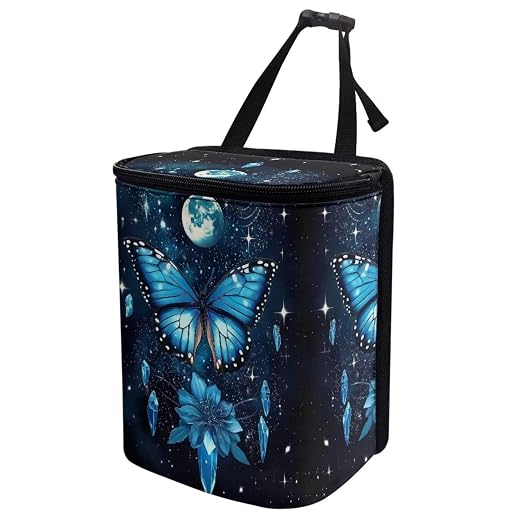 Butterfly Floral and Moon Pattern Car Trash Can with Lid and Zipper Portable Foldable Trash Bin for Car Interior Accessories Multipurpose Garbage Can Bags Storage Organizer