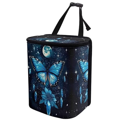 Butterfly Floral and Moon Pattern Car Trash Can with Lid and Zipper Portable Foldable Trash Bin for Car Interior Accessories Multipurpose Garbage Can Bags Storage Organizer