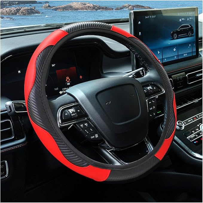 Car Steering Wheel Cover, 15 Inch Carbon Fiber Leather Elastic Steering Wheel Protector, Anti-Slip, Breathable & Soft Car Interior Accessories Universal for Most Cars, Men & Women (Red)