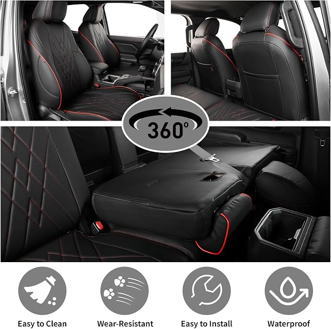 EKR Tacoma Car Seat Covers Custom for Toyota Tacoma (Only for Hybrid) 2024 2025 2026 Double cab TRD Sport,TRD Off-Road,Limited,Trailhunter - Full Set,Leather(Black with Red Trim)