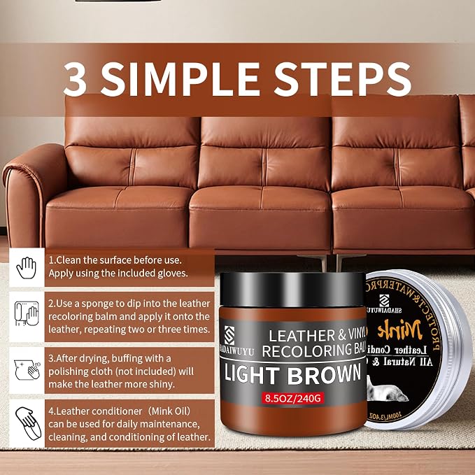 SHADAIWUYU 8.5oz Leather Recoloring Balm with 100ml Mink Oil,Light Brown Leather Repair kit for Furniture and Car Interior,Leather Couch Scratch Repair,Leather Dye Paint,Mink Oil for Leather