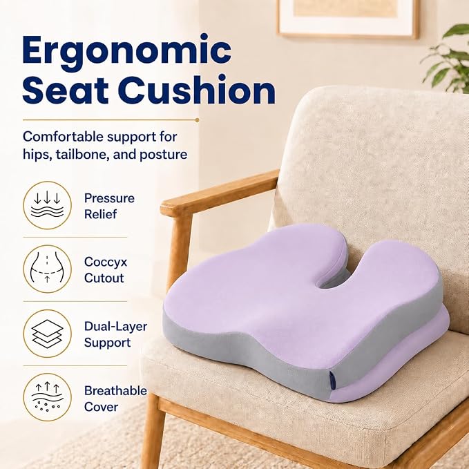 Seat Cushions for Office Chairs Wheelchair Cushion for Long Sitting Back Pain，Memory Foam Seat Car Computer Desk Chair Cushion，Coccyx Cushion for Tailbone Pain Relief Office Chair Butt Pillow Purple